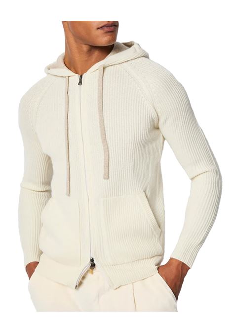 Felpa L.B.M 1911 uomo 638059505 Panna in maglia con zip e cappuccio lavorazione a costa larga su finezza 7 dettaglio in contrasto nei toni nocciola su coulisse  L.B.M. 1911 | Felpe | 6380595054